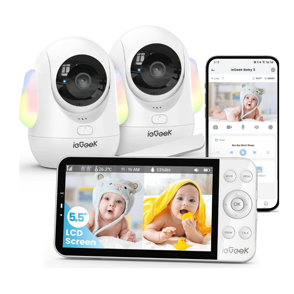 ieGeek 5.5 inch dual camera baby monitor showing split-screen and app view