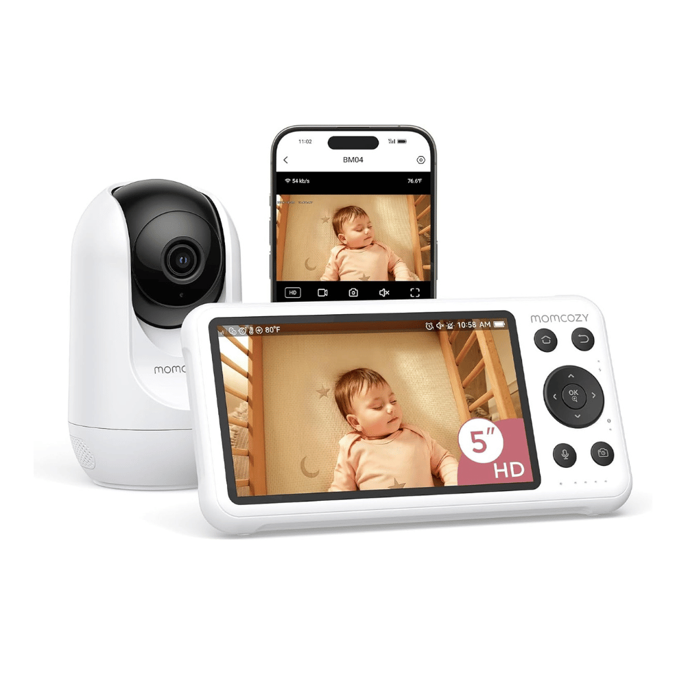 Momcozy smart wifi 5 inch baby monitor showing app and HD display