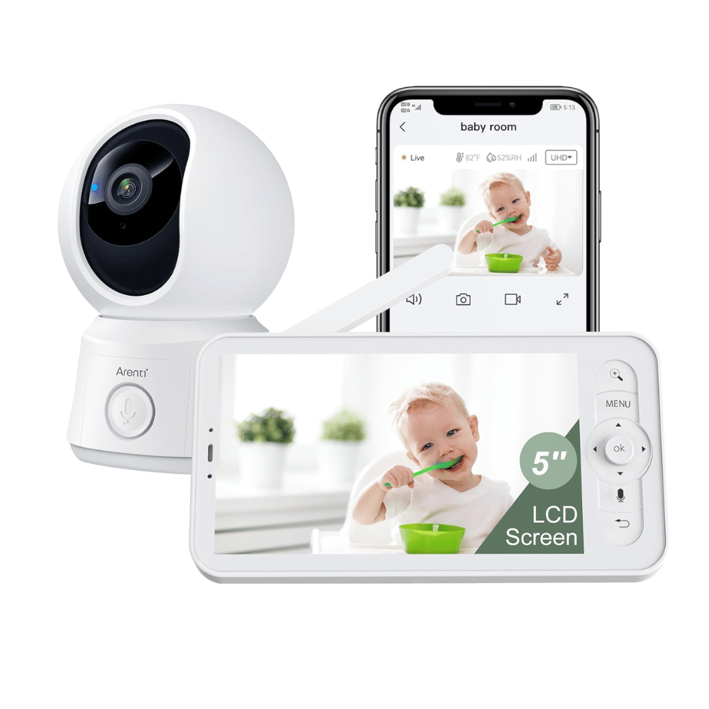 Arenti 5 inch smart app baby monitor showing dual view on phone and parent unit