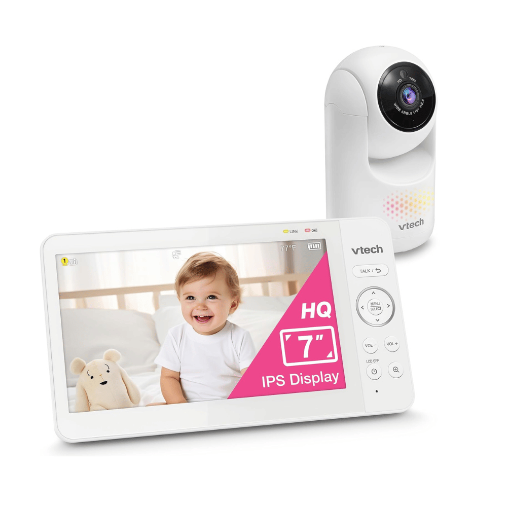 VTech 7 inch IPS screen baby monitor showing bright HD video feed