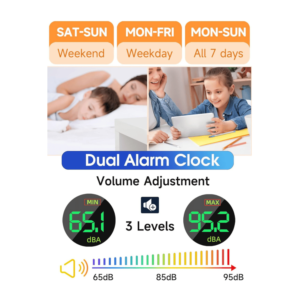 cadmos dual alarm clock showing weekend weekday settings and 65 to 95 decibel volume levels (C: Cadmos/Amazon)