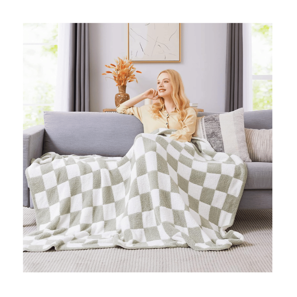 wrensonge checkerboard blanket green white on sofa