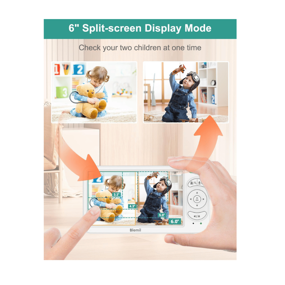 Blemil dual camera baby monitor in split screen mode monitoring two children playing