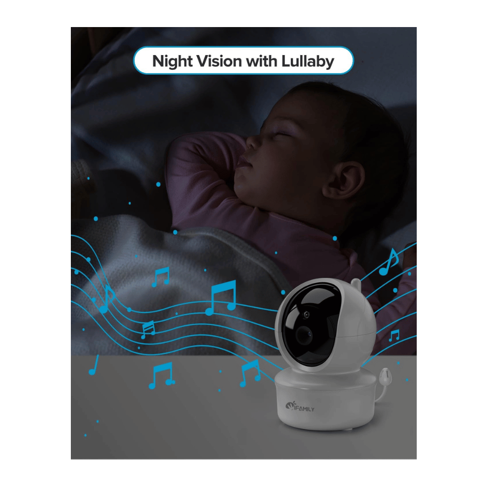iFamily baby monitor with lullaby and night vision showing baby sleeping peacefully