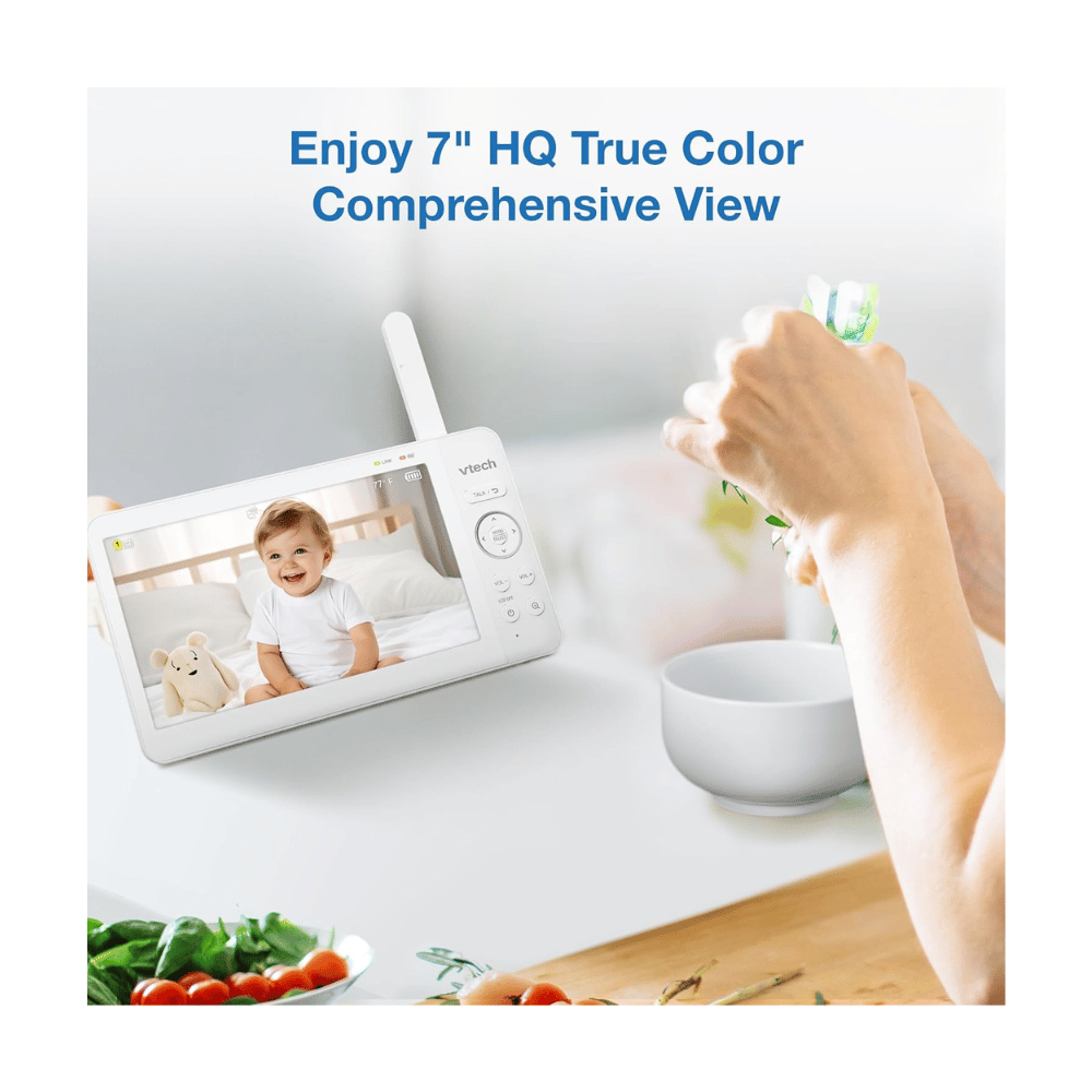VTech baby monitor 7 inch HQ display showing parent multitasking in kitchen