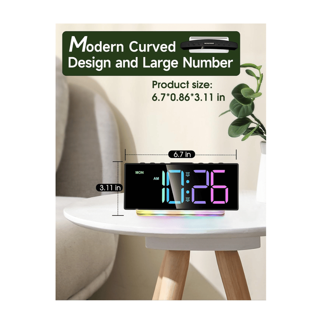 cadmos rainbow alarm clock showing 6.7 inch width and slim curved profile on bedroom table (C: Cadmos/Amazon)