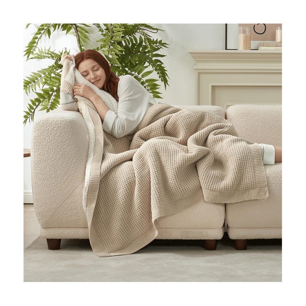 alpaca home waffle blanket beige cozy throw on sofa