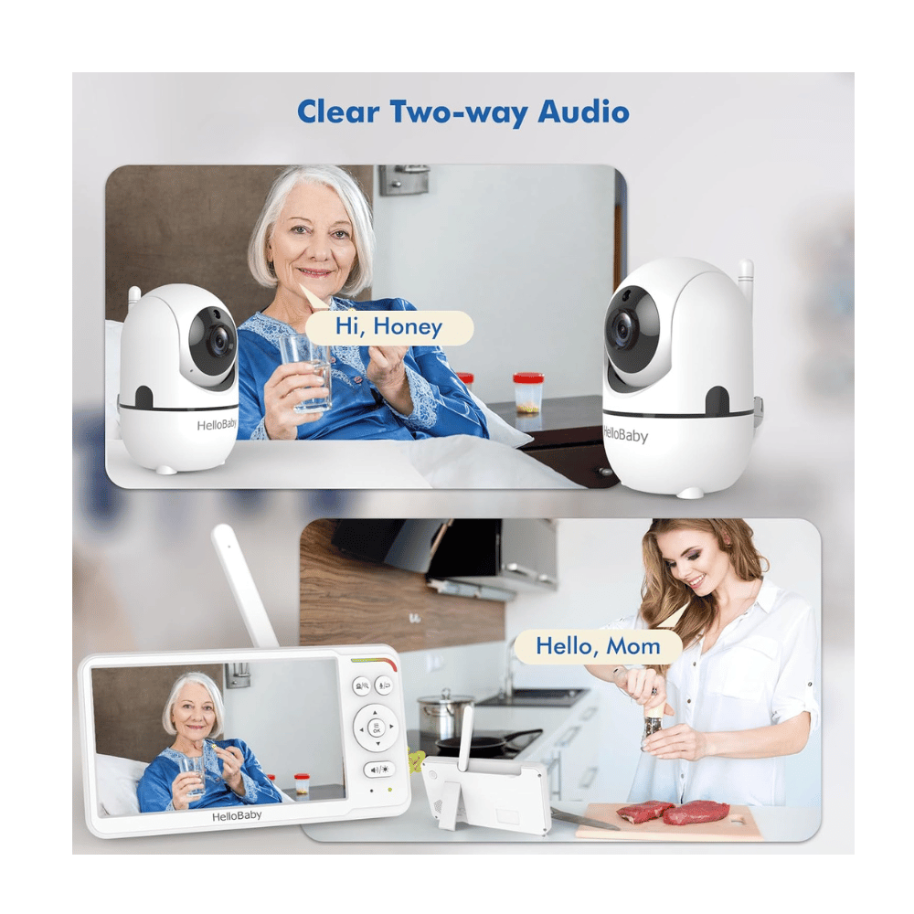 HelloBaby video baby monitor showing clear communication between parent and senior family member
