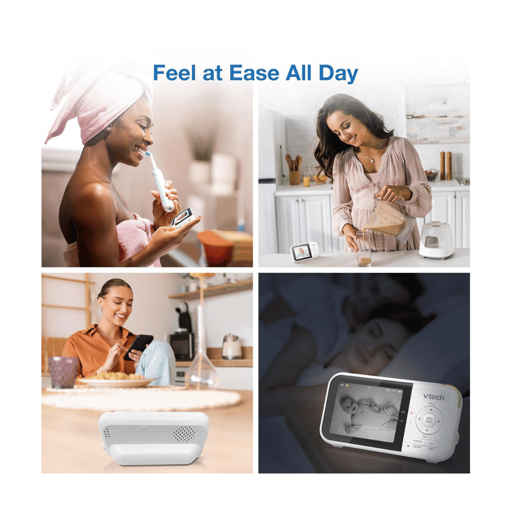 VTech VM819 video baby monitor lifestyle images showing parents using monitor at home