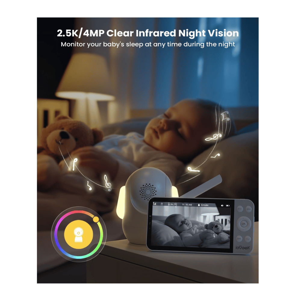 ieGeek 4MP baby monitor with infrared night vision showing baby sleeping at night