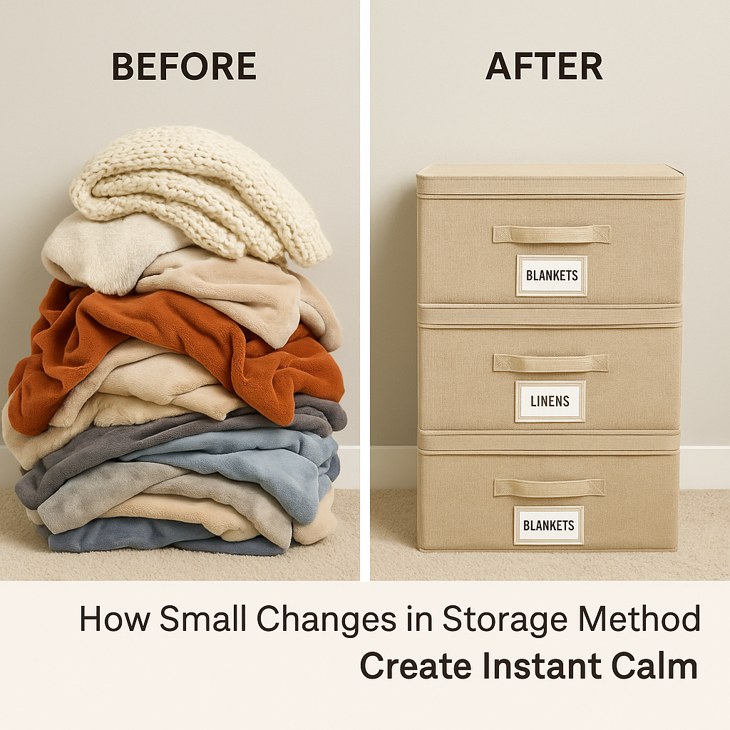 before and after blanket storage organization showing folded blankets neatly stored
