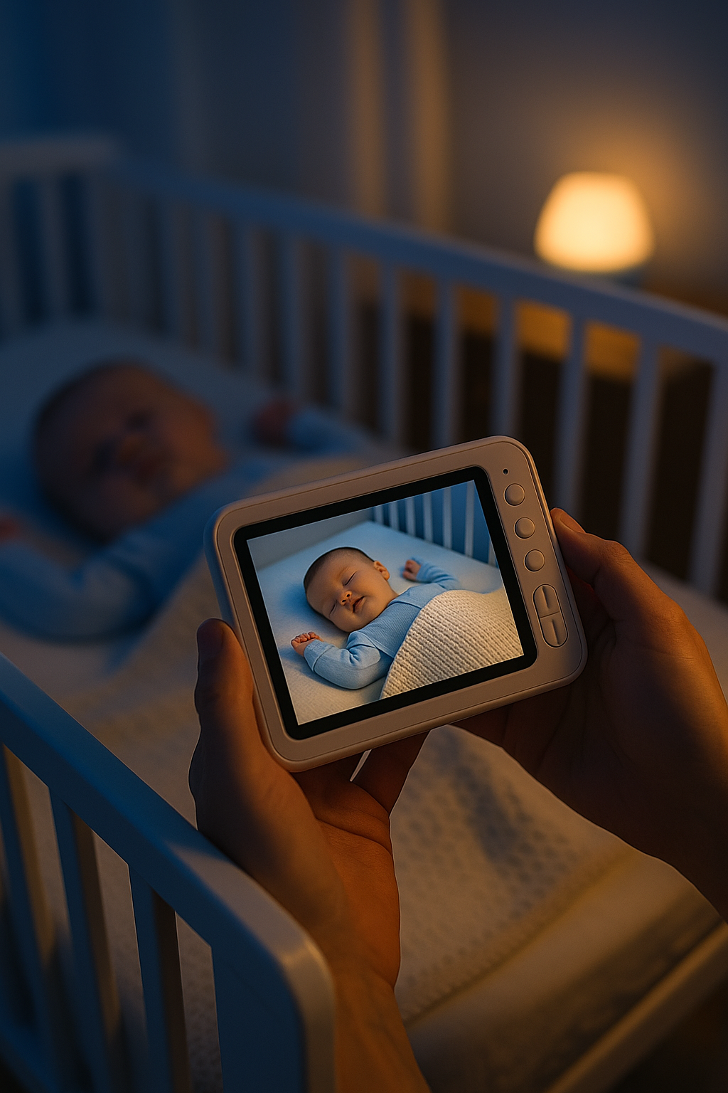 Parent watching baby sleep peacefully on a video monitor in a softly lit nursery (C: MyRadiantSleep.com)