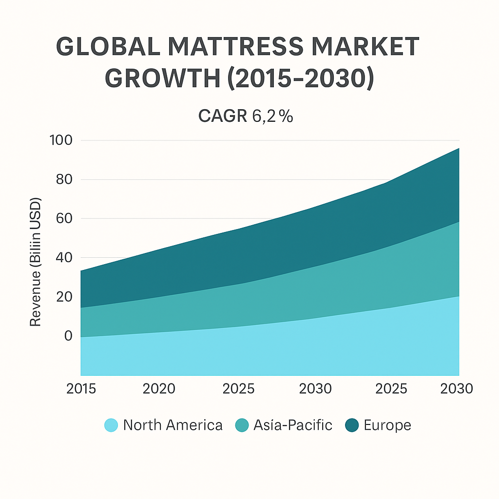 global mattress market growth chart 2015–2030 showing revenue increase by region North America Asia-Pacific and Europe (C: MyRadiantSleep.com)