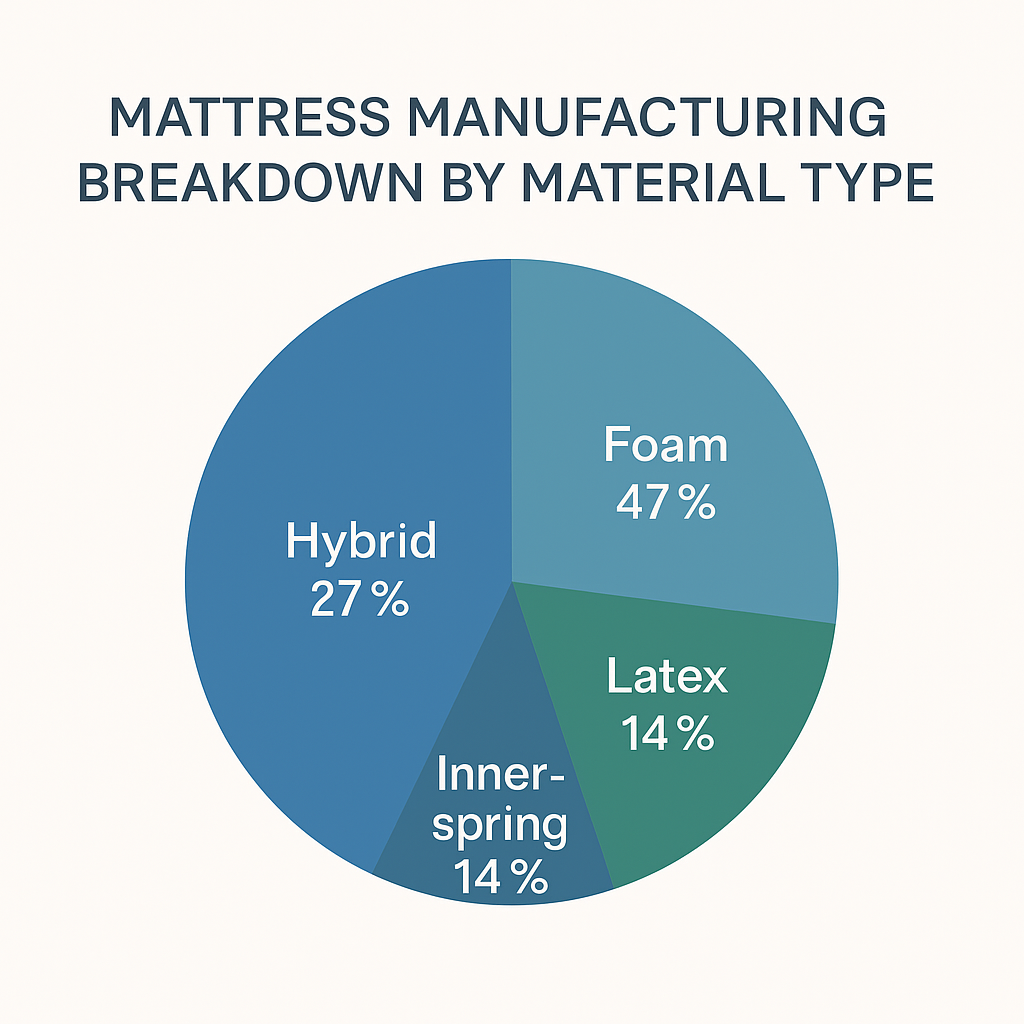 pie chart showing mattress manufacturing market share by material type foam 47 percent hybrid 27 percent latex 14 percent innerspring 14 percent (C: MyRadiantSleep.com)