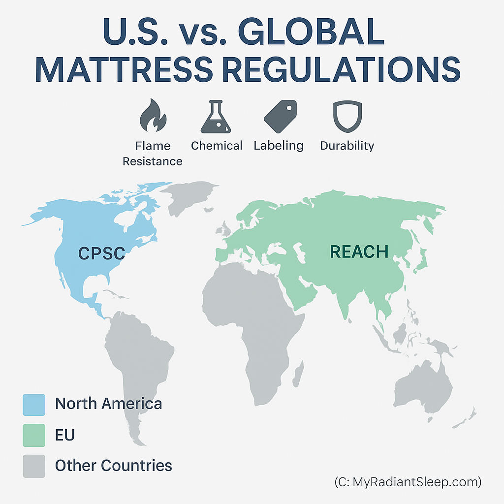 world map comparing U.S. and global mattress regulations showing CPSC REACH and BS7177 standards with icons for flame resistance chemical labeling and durability (C: MyRadiantSleep.com)