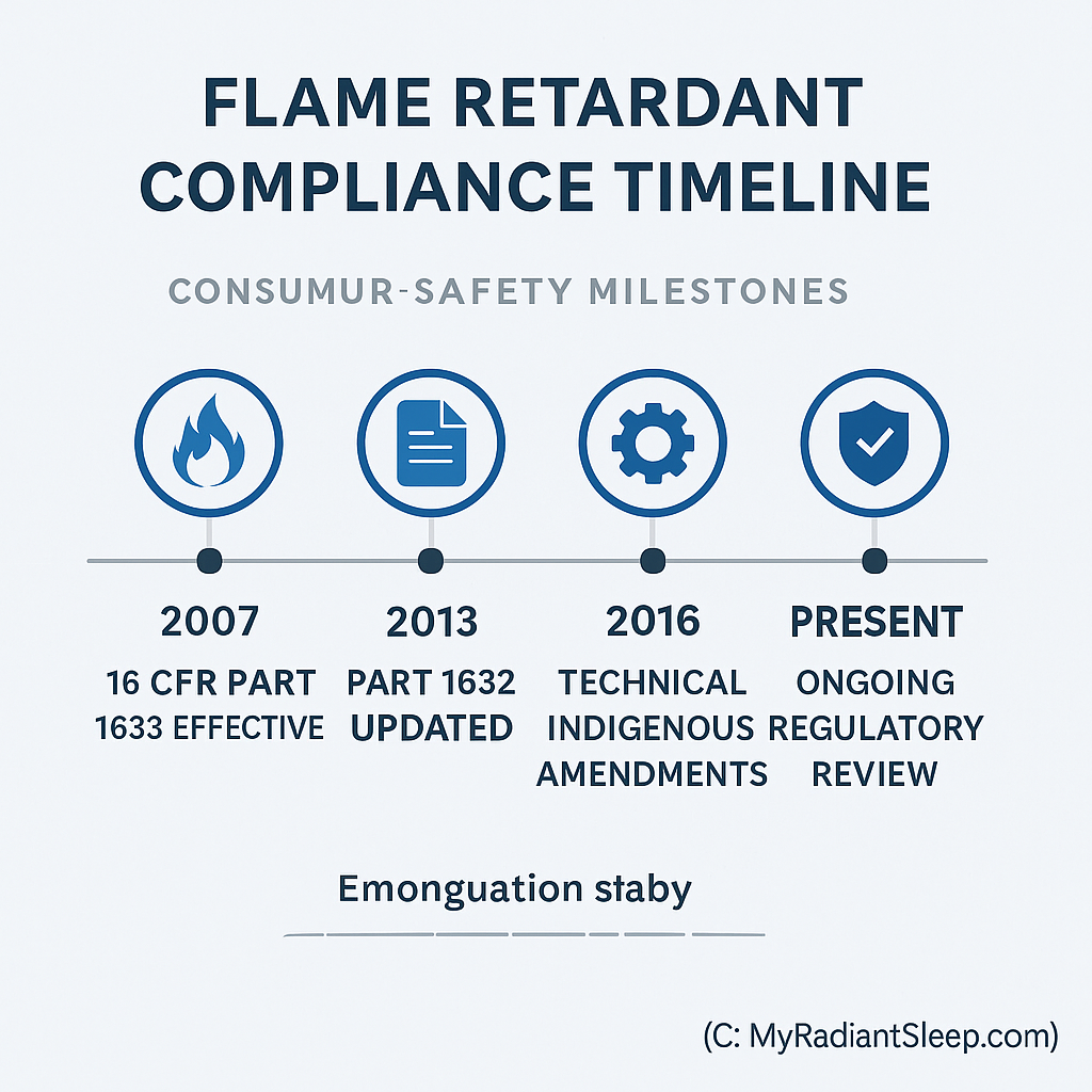 horizontal timeline showing major mattress flame retardant compliance milestones 2007 16 CFR 1633 effective, 2013 Part 1632 updated, 2016 amendments, present review (C: MyRadiantSleep.com)