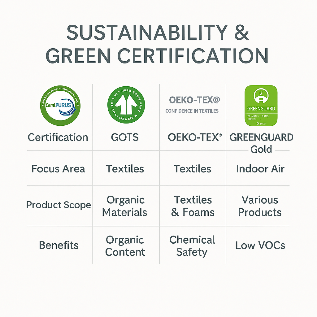 chart comparing mattress eco-certifications CertiPUR-US GOTS OEKO-TEX and GREENGUARD Gold by focus area product scope and sustainability benefits (C: MyRadiantSleep.com)