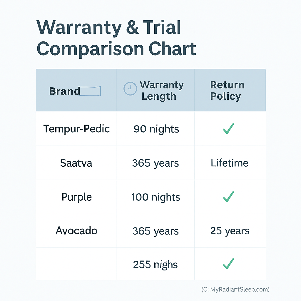 table comparing mattress brands Tempur-Pedic Saatva Purple and Avocado showing trial nights warranty length and return policy with checkmark icons (C: MyRadiantSleep.com)