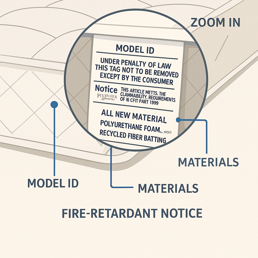 diagram showing mattress label anatomy with callouts for model ID fire-retardant notice materials and manufacturing origin (C: MyRadiantSleep.com)
