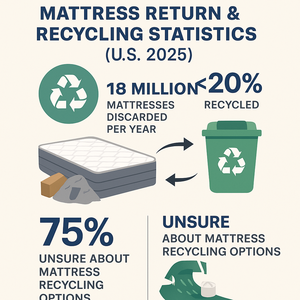 infographic showing U.S. mattress recycling statistics 2025 with 18 million discarded yearly under 20 percent recycled and 75 percent unaware of recycling options (C: MyRadiantSleep.com)