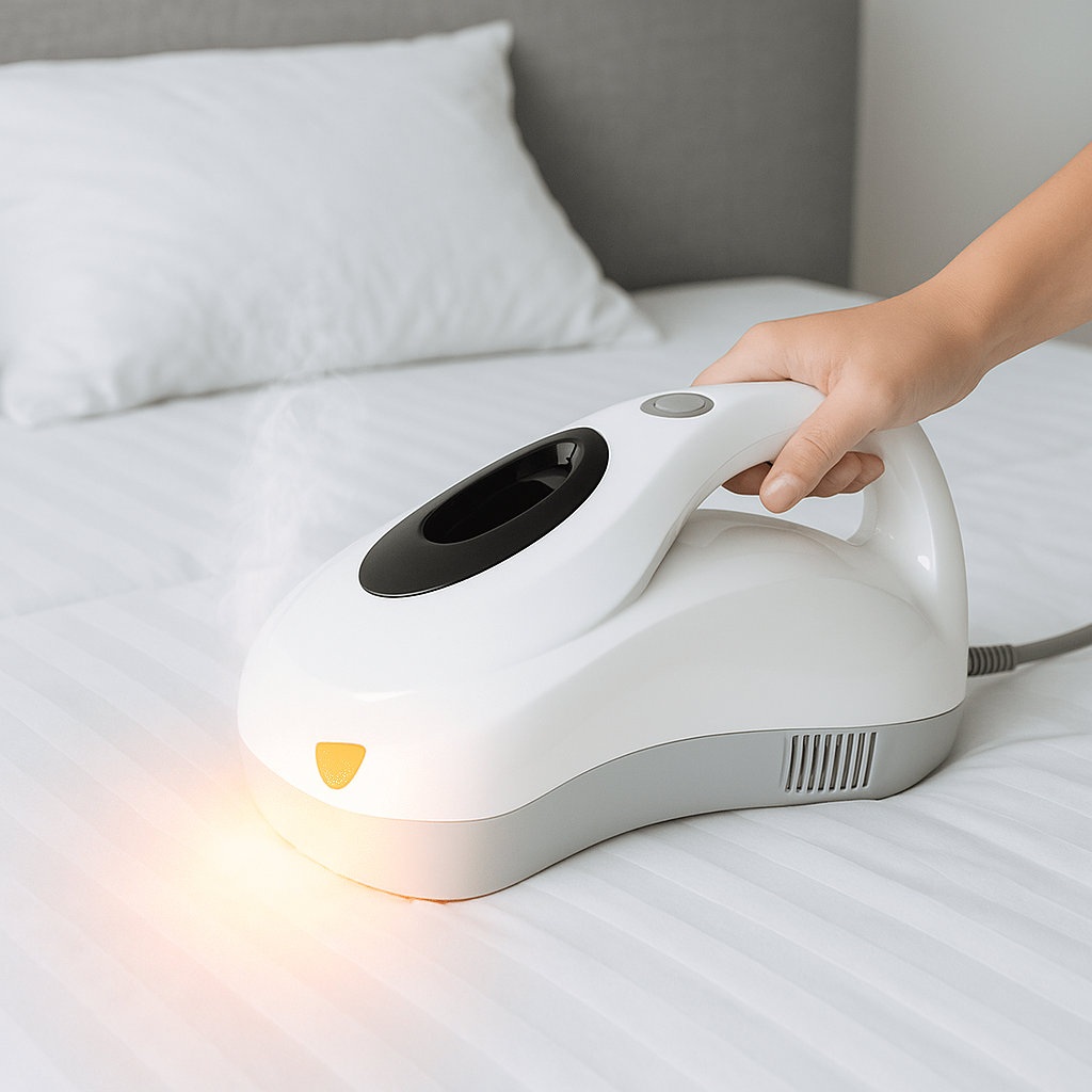 hand using a UV steam mattress cleaner to sanitize bedding and eliminate dust mites and allergens (C: MyRadiantSleep.com)