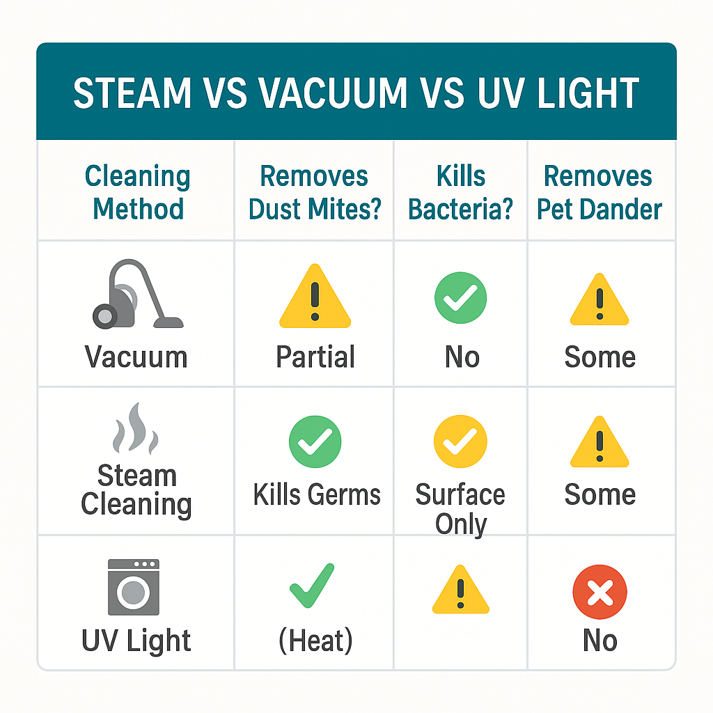 mattress cleaning method comparison chart showing steam vacuum and UV light effectiveness against allergens and bacteria (C: MyRadiantSleep.com)