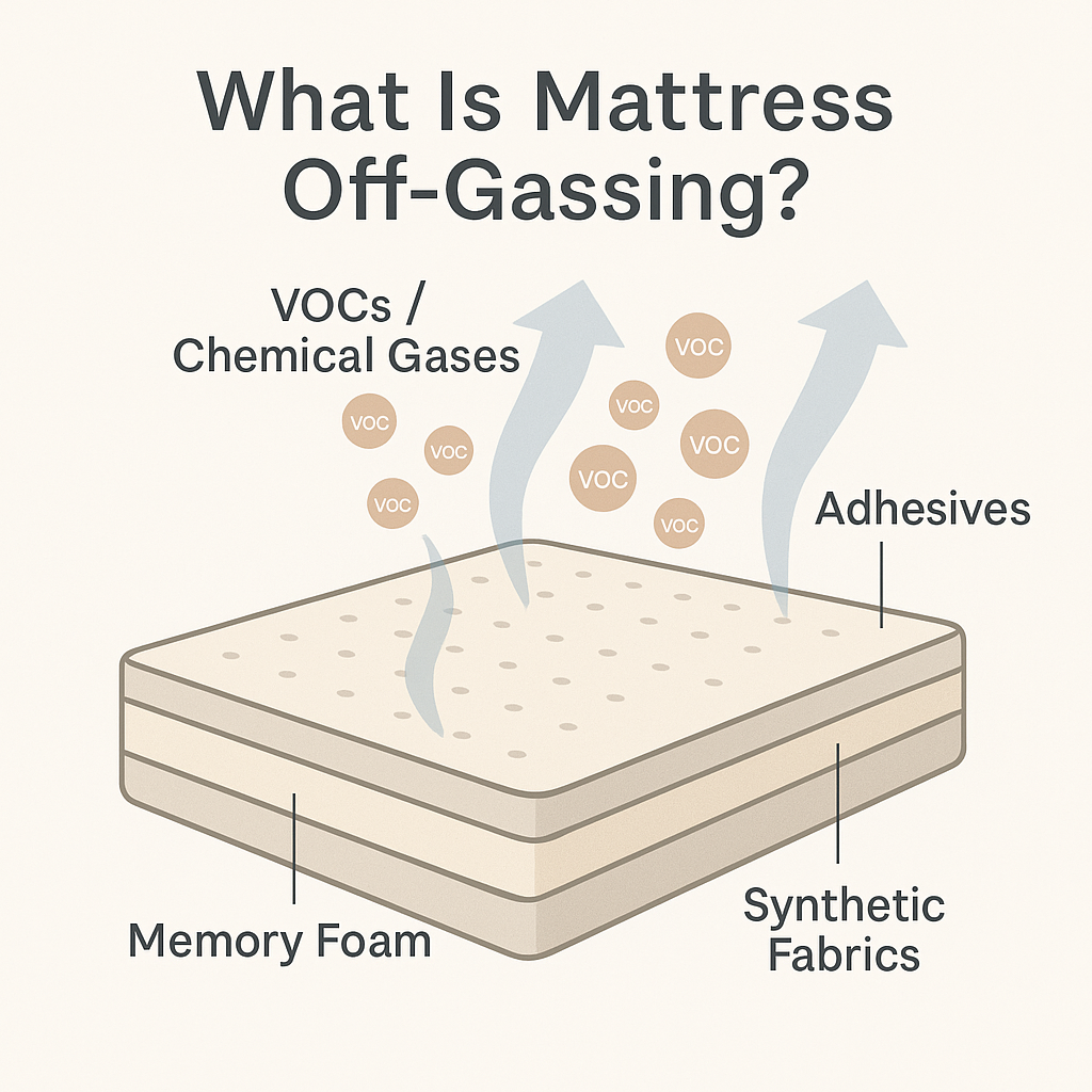 mattress off gassing diagram showing VOC gases rising from foam and adhesives (C: MyRadiantSleep.com)