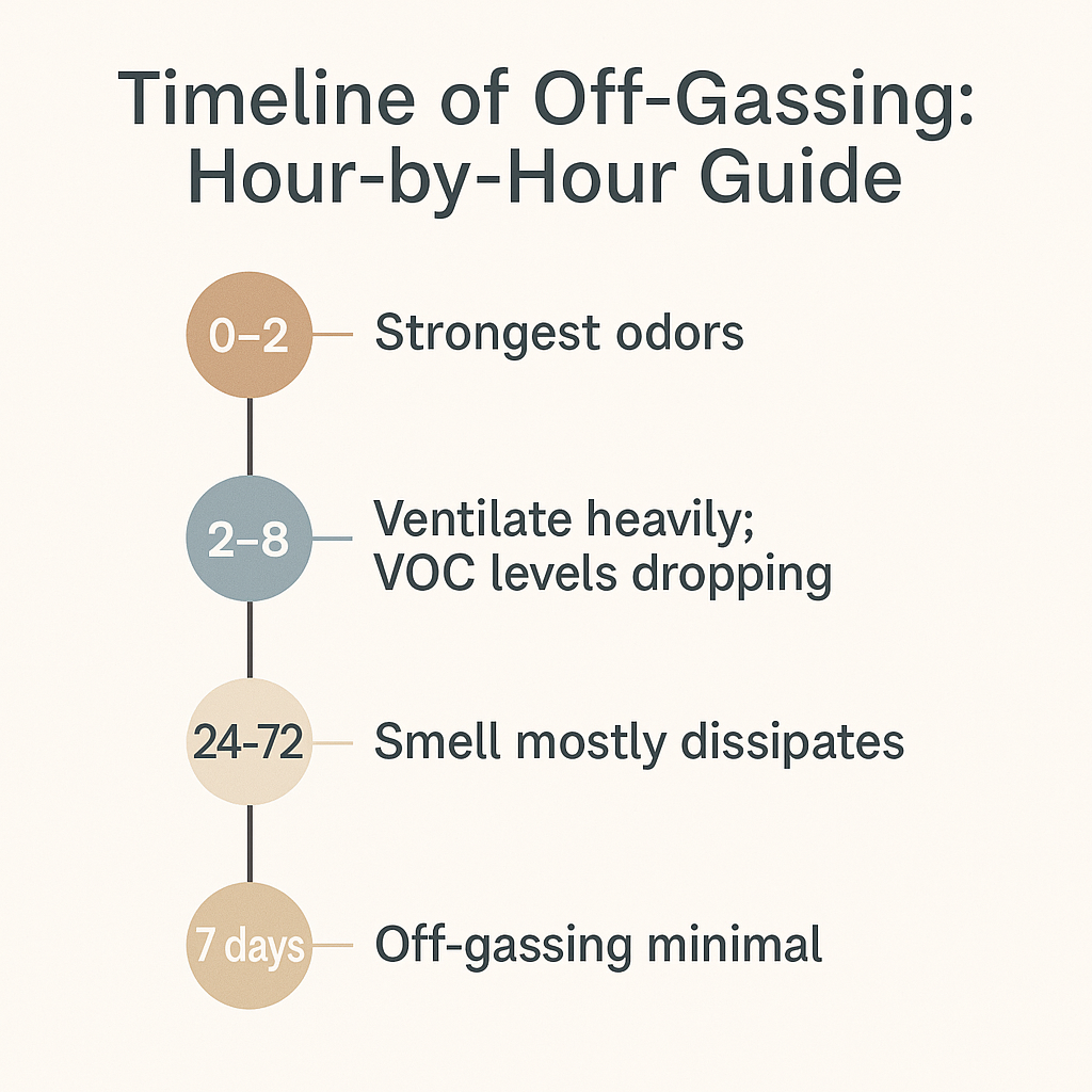 timeline infographic showing mattress off gassing stages from 0 to 7 days (C: MyRadiantSleep.com)