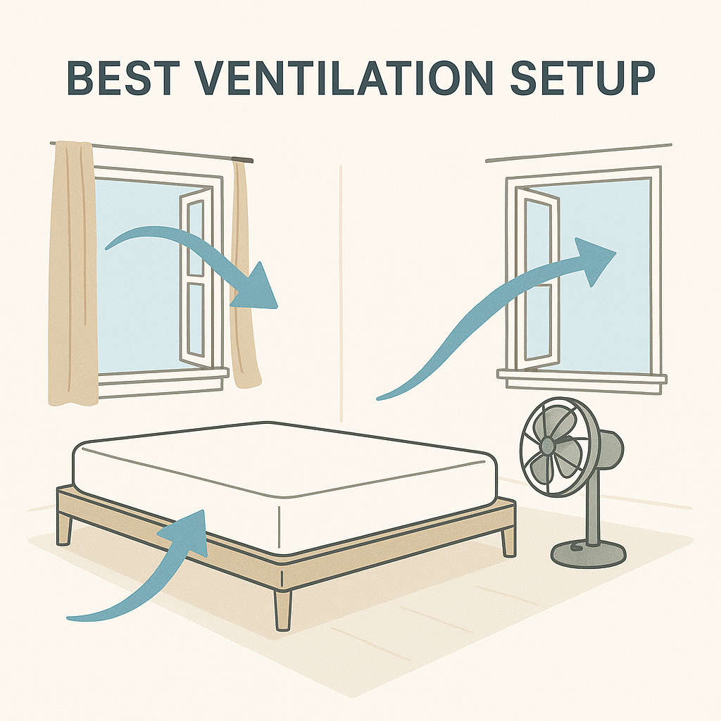 bedroom ventilation diagram with mattress windows and fan for off gassing (C: MyRadiantSleep.com)