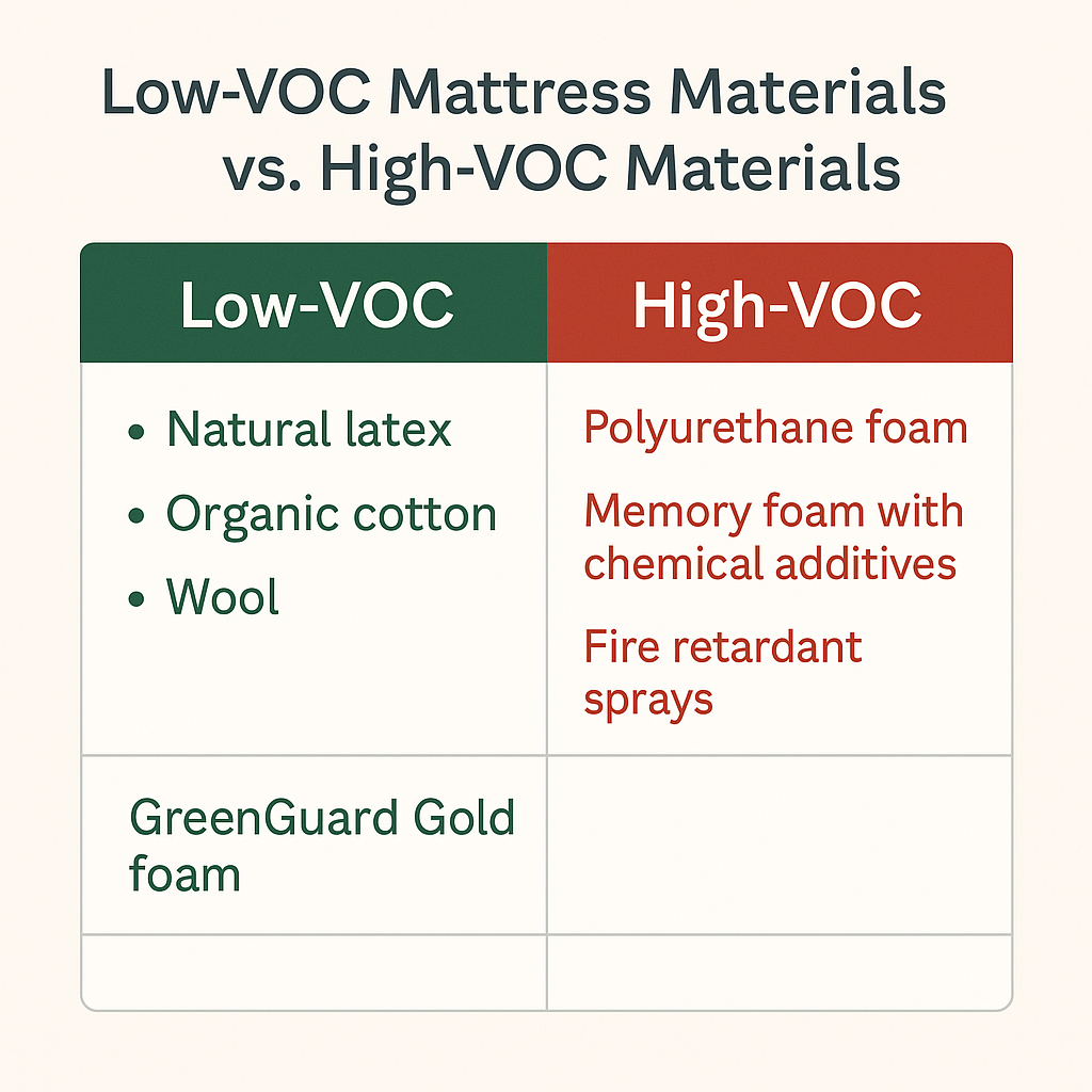 low VOC vs high VOC mattress materials comparison chart for shoppers (C: MyRadiantSleep.com)