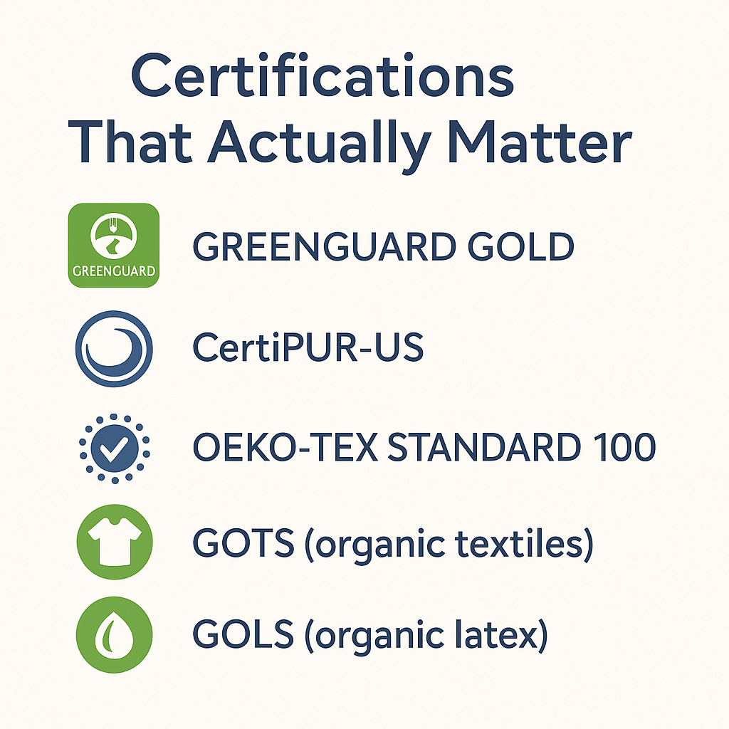 mattress safety certifications Greenguard CertiPUR Oeko Tex GOTS GOLS graphic (C: MyRadiantSleep.com)