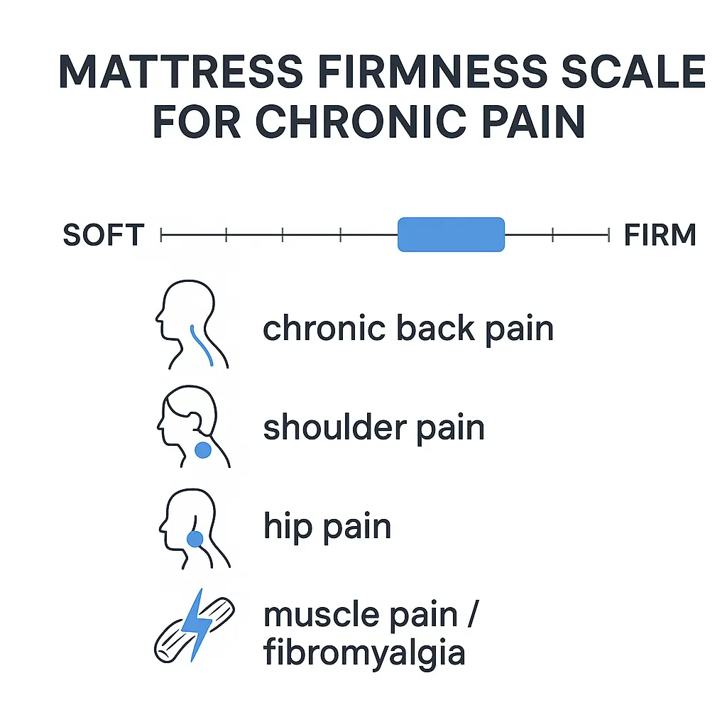 mattress firmness scale for chronic pain with soft to firm levels for back, shoulder, hip, and muscle pain
