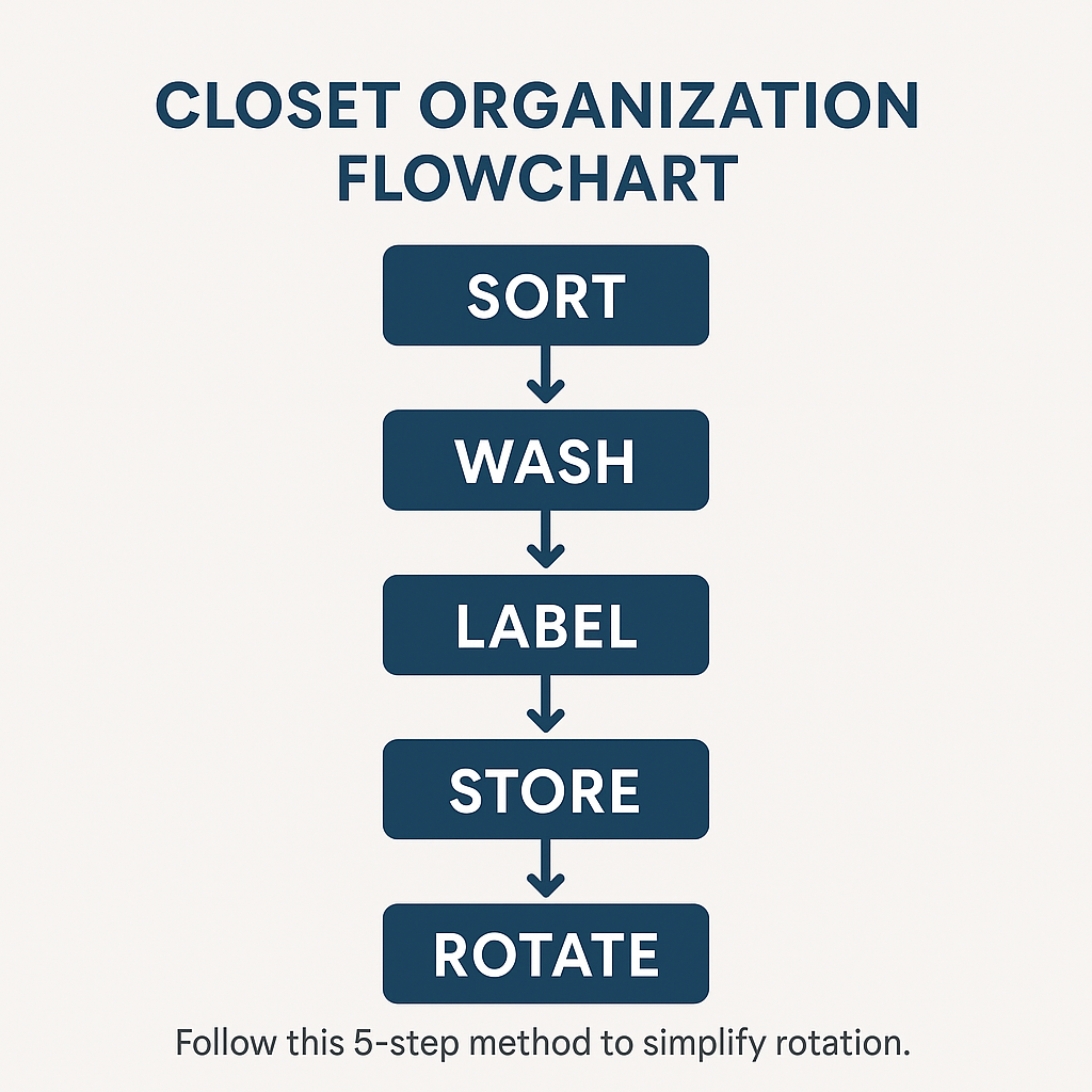 closet organization flowchart for storing blankets with sort wash label store rotate steps