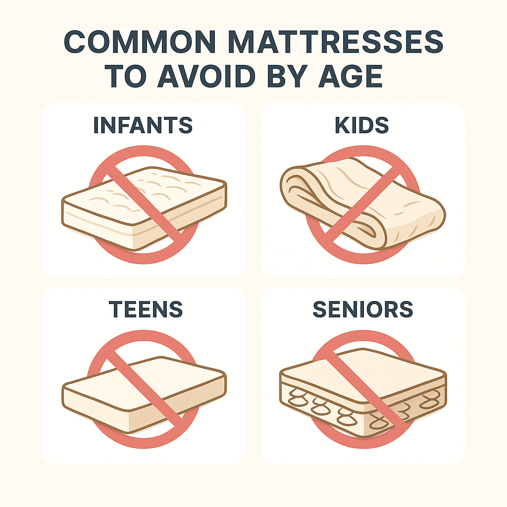 Grid showing mattress types to avoid for infants, kids, teens, and seniors with crossed-out icons.