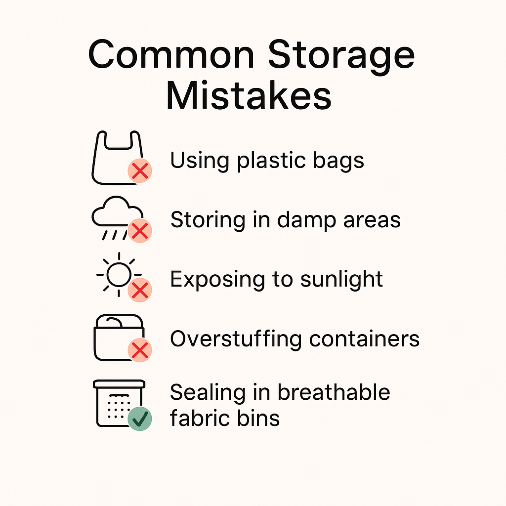 common blanket storage mistakes infographic showing plastic bag damp area and sunlight warnings