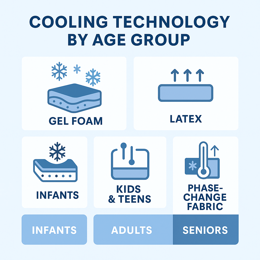 Cooling technology chart showing gel foam, latex, hybrid airflow, and phase-change fabric recommendations by age group.