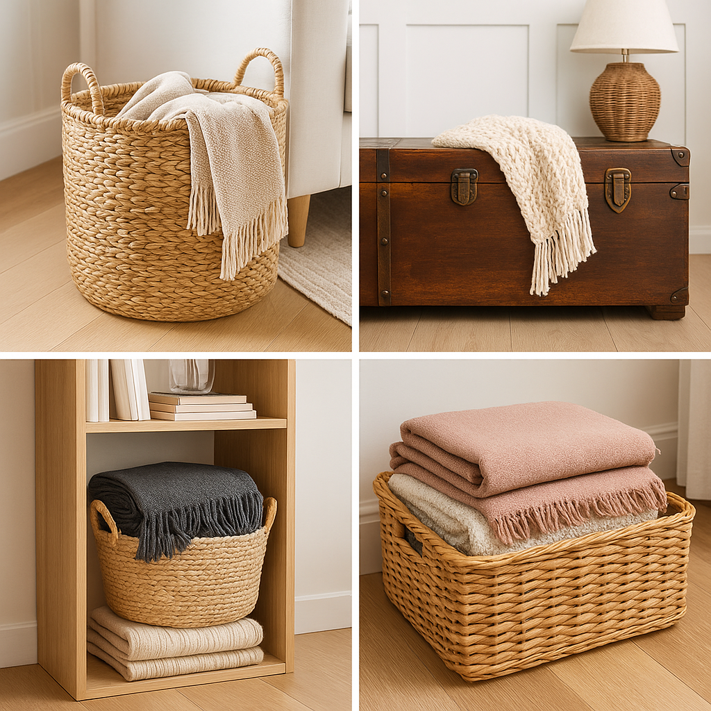 decorative blanket display collage with baskets trunks and folded throws on shelves