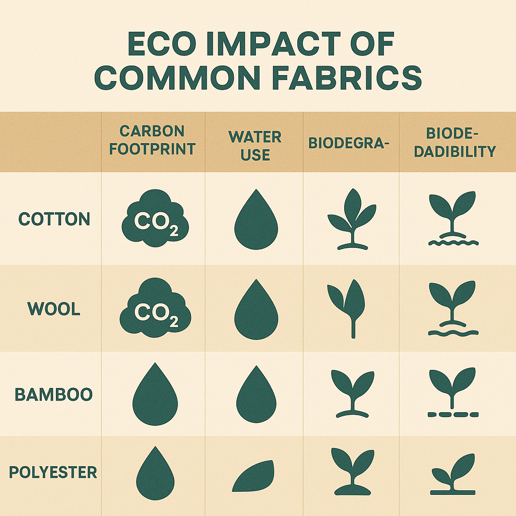 eco impact chart cotton wool bamboo polyester carbon footprint water use biodegradability