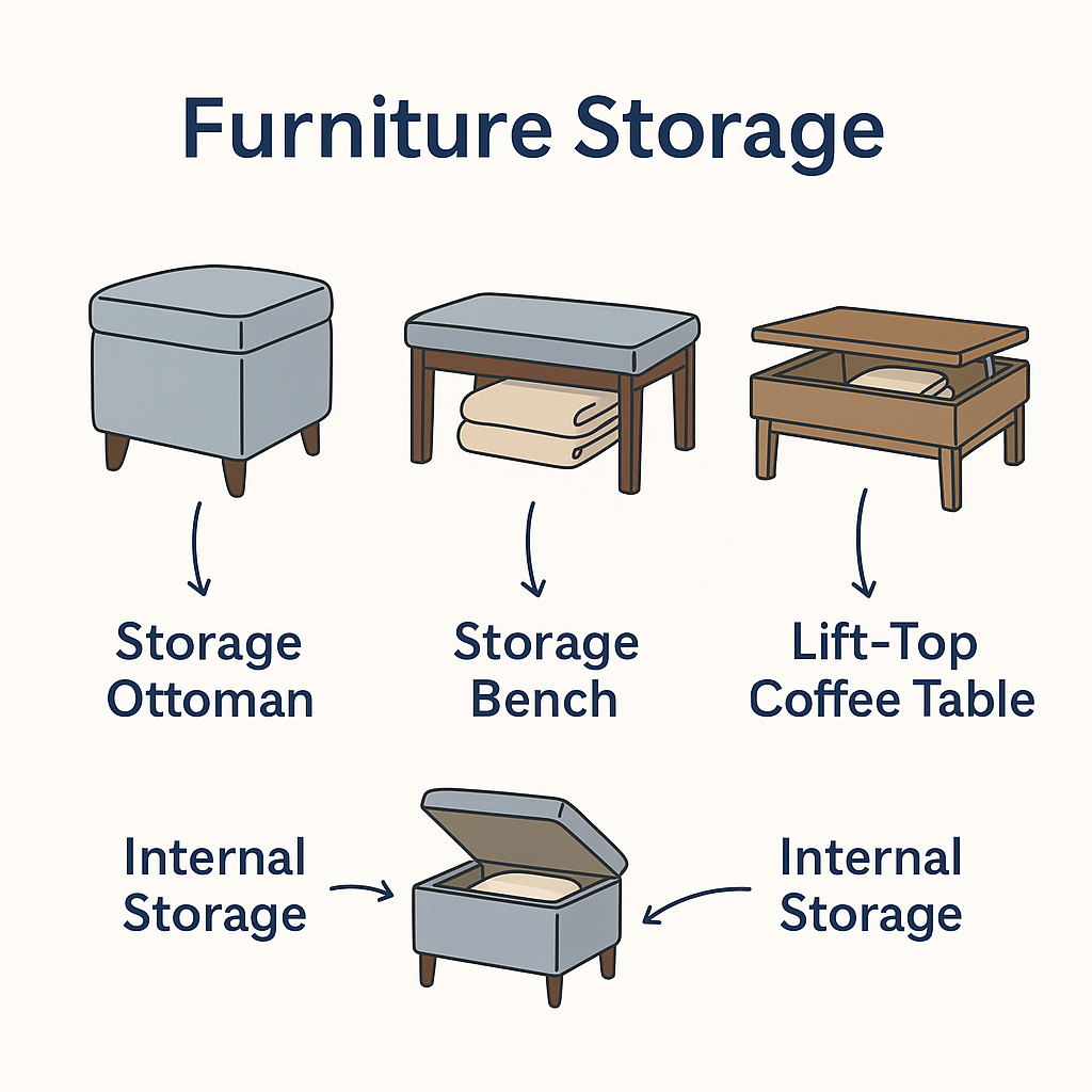 furniture storage infographic showing ottoman bench and lift-top coffee table with internal blanket storage