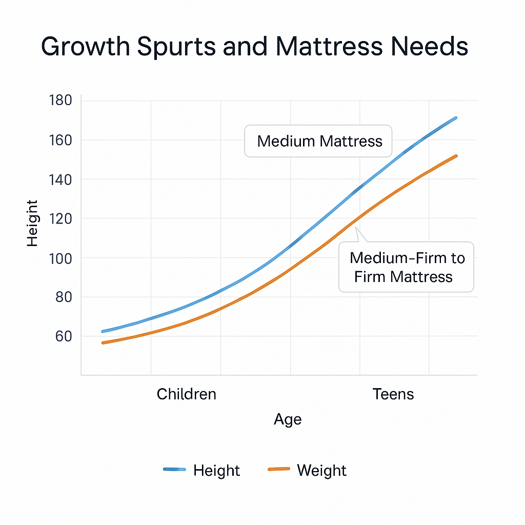 Growth chart showing height and weight curves for children and teens with mattress firmness recommendations.