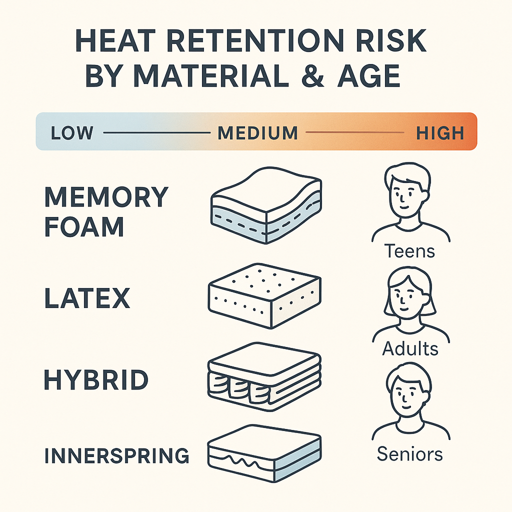 Heat retention chart comparing memory foam, latex, hybrid, and innerspring mattresses for teens, adults, and seniors.