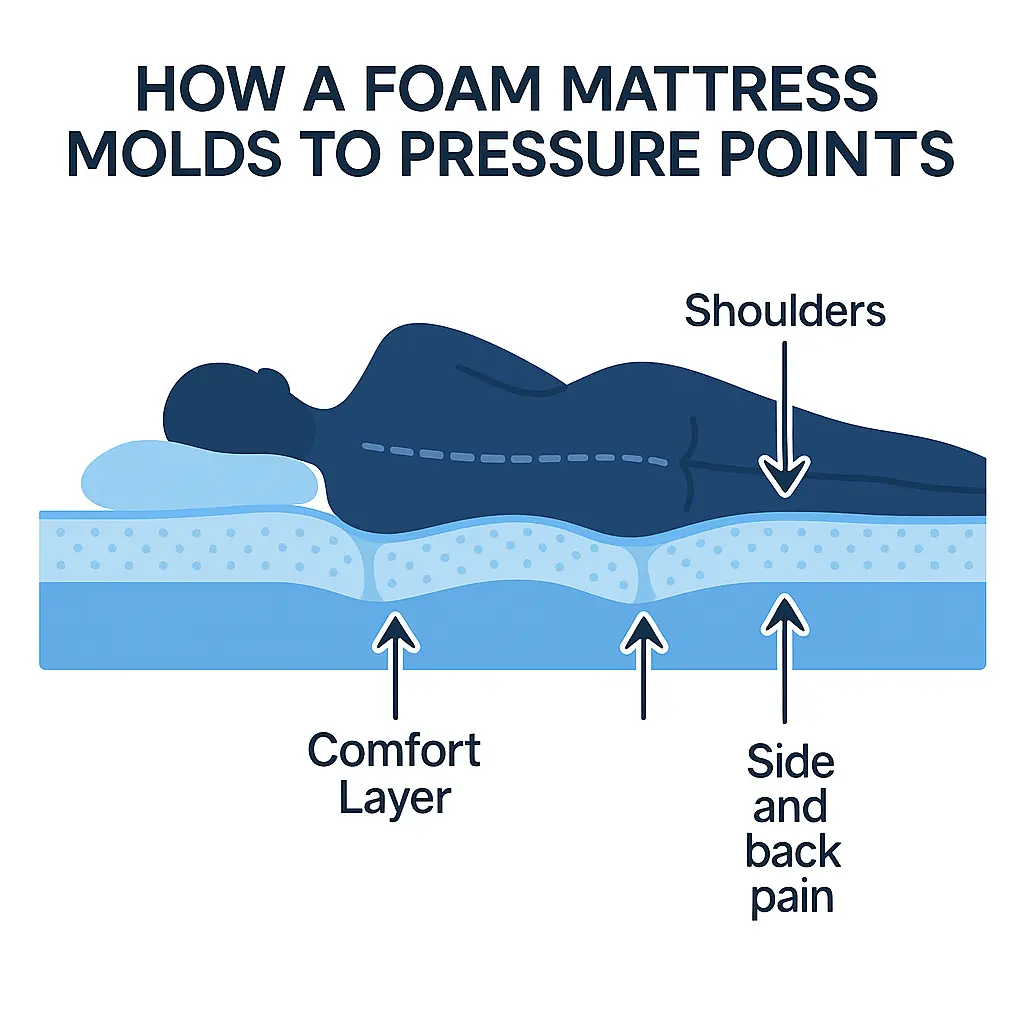 foam mattress molding to pressure points diagram shoulder pressure hip support and comfort layer