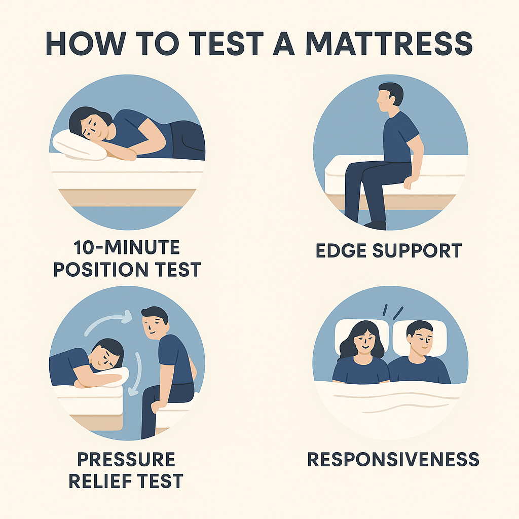 Step-by-step infographic showing mattress testing methods including 10-minute position test, edge support, pressure relief test, and responsiveness.