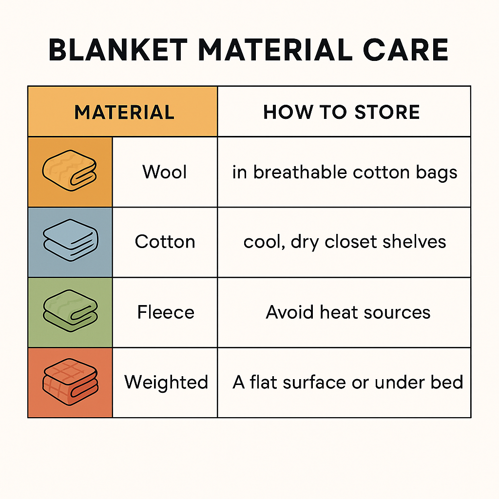 blanket material care and storage chart for wool cotton fleece and weighted blankets