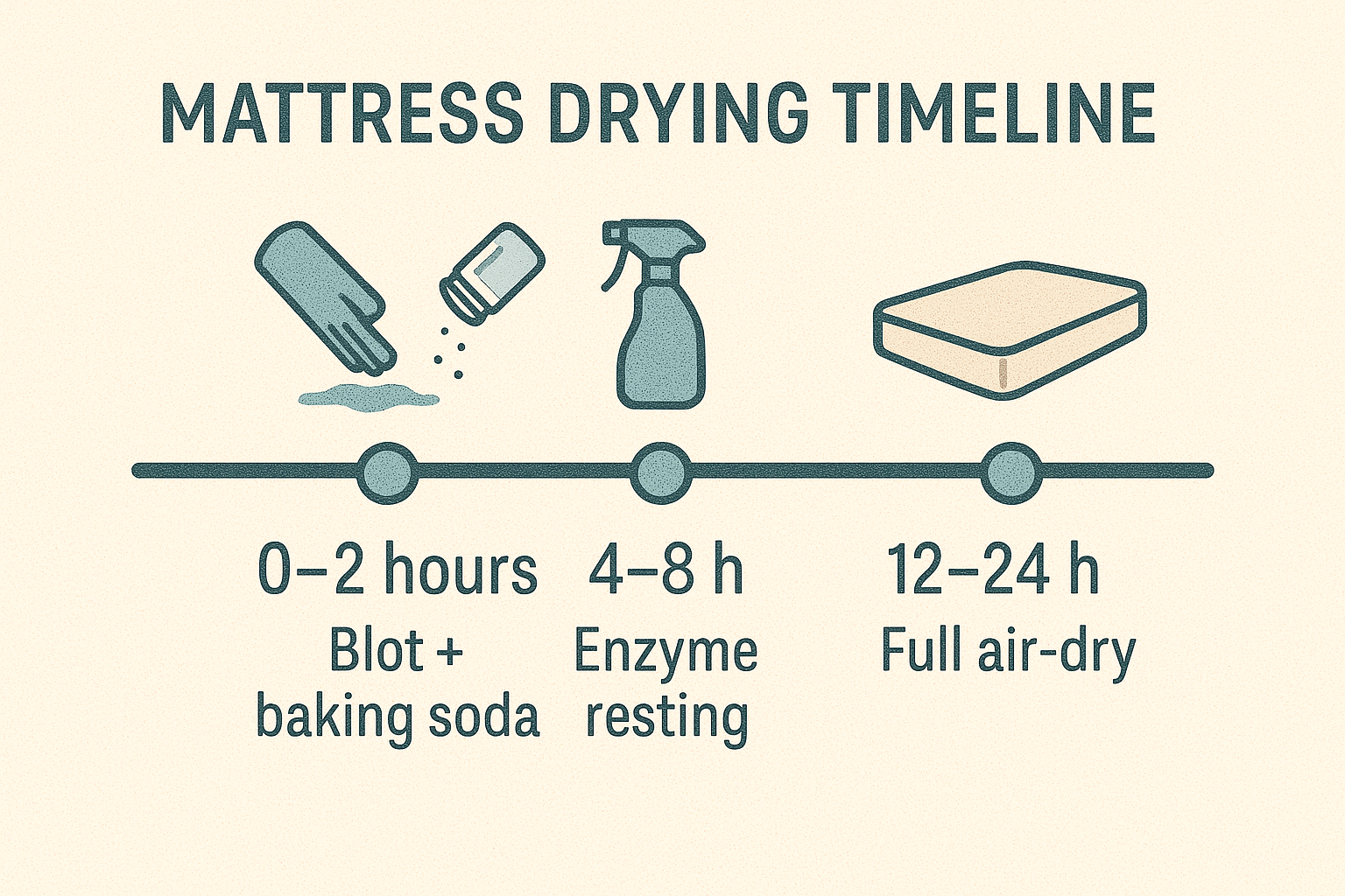 Timeline graphic illustrating how long a mattress takes to dry after removing urine, including baking soda absorption, enzyme resting, and full air-drying.