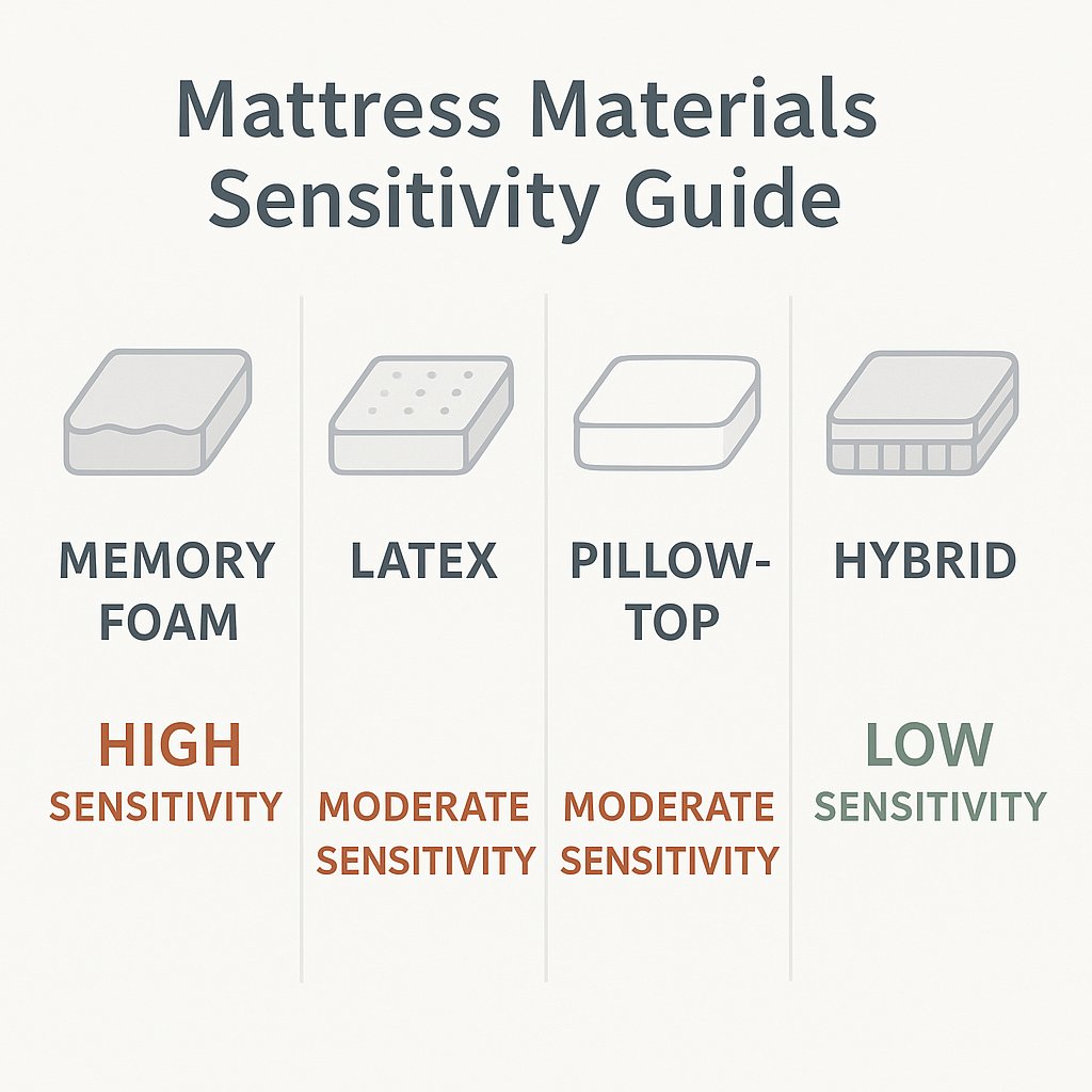 Sensitivity guide comparing memory foam, latex, pillow-top, and hybrid mattresses for safe urine-removal cleaning methods.