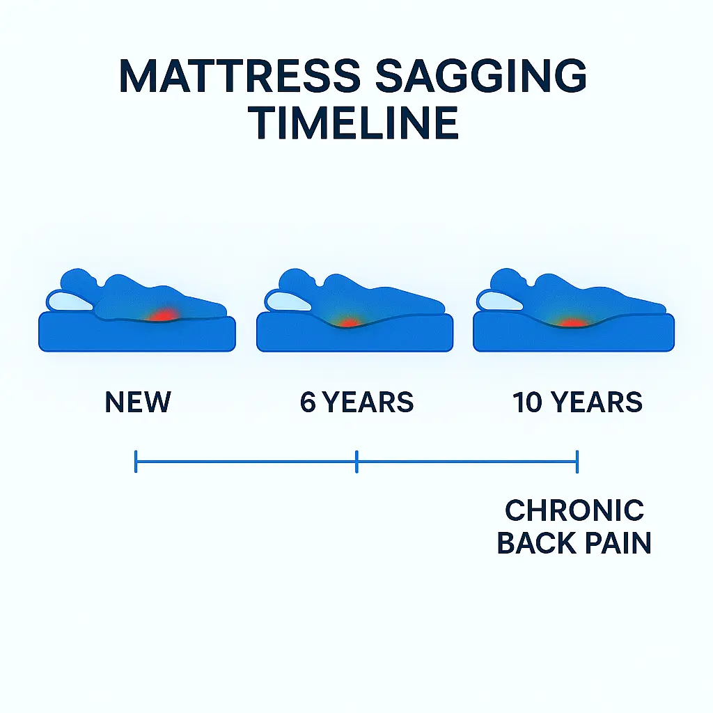 mattress sagging timeline showing new six-year and ten-year mattress wear and chronic back pain risk