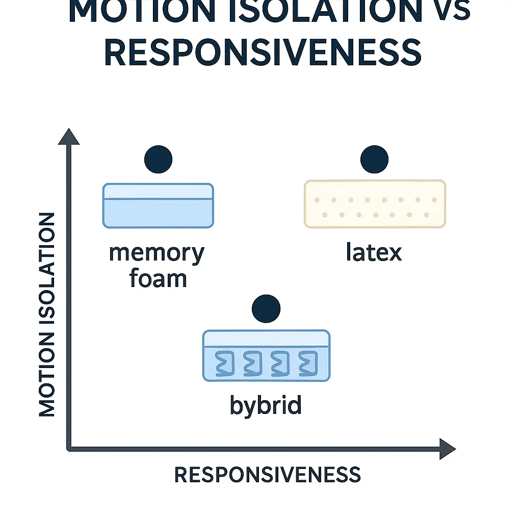 motion isolation vs responsiveness chart comparing memory foam latex and hybrid mattresses