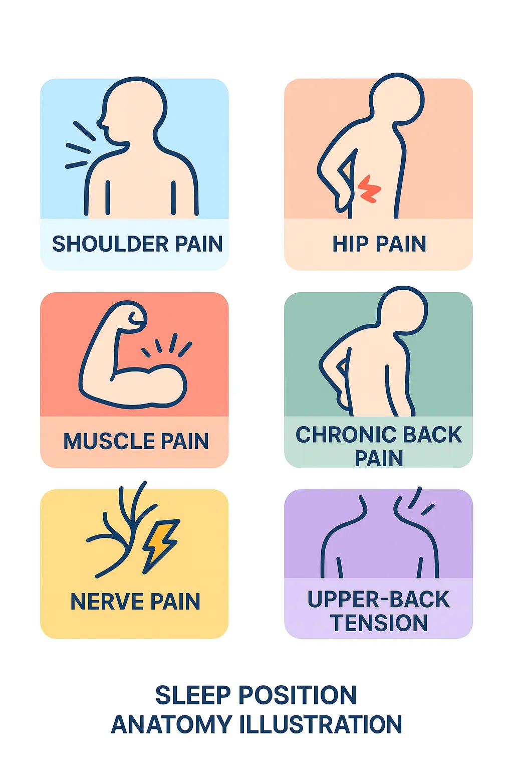 sleep position anatomy chart showing different types of pain including shoulder hip muscle and back pain