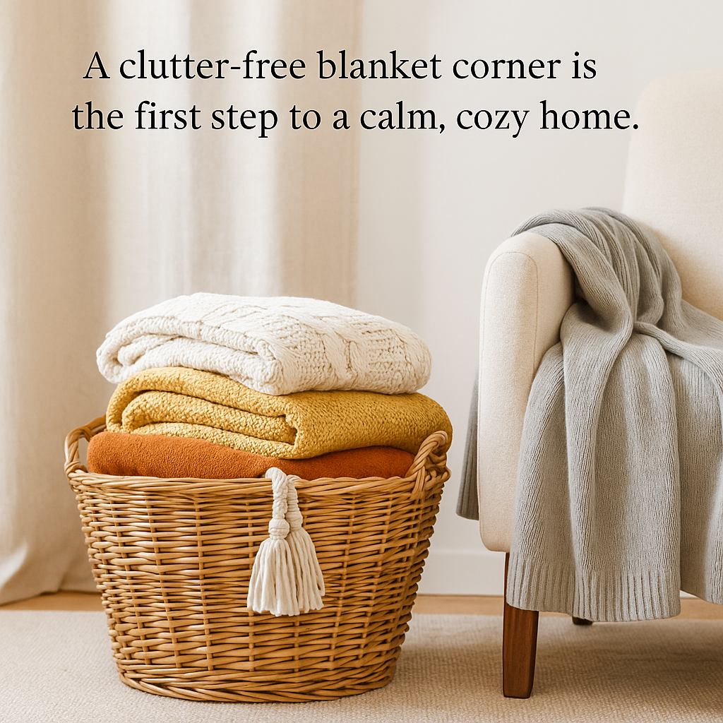 cozy living room basket filled with blankets and quote about calm home